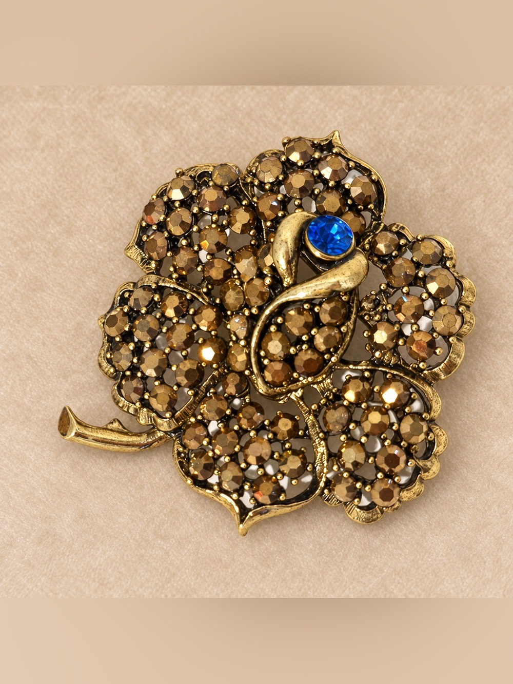 WEISS signed rare Gold Rhinestone Floral Brooch Blue Accent